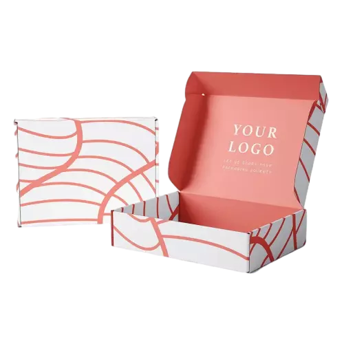 These stylish custom printed corrugated mailer boxes come in multiple distinctive surface prints including checkered flower abstract artwork minimalist curvedline and vintage hotstamped butterfly designs. Made of sturdy lightweight corrugated cardboard the foldover lid structure is easy to assemble and offers great compression resistance for transit protection. Custom logo slogan and interiorlid printing service is supported. Suitable for apparel cosmetics handmade gifts and boutique goods packaging available for large order wholesale customization.