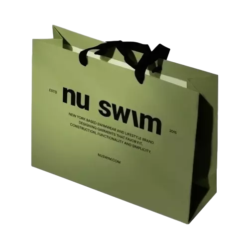 These premium special craft paper bags adopt elegant sage green matte surface with clean minimalist typography printing for brand display. High quality black ribbon handles deliver soft comfortable touch and strong load bearing capacity. The thick craft paper structure keeps the bag shape firm during carrying. Full custom printing service is available for your own brand logo slogan and website information. These stylish shopping bags are ideal packaging solutions for swimwear clothing fashion boutiques and retail brand stores. Wholesale bulk orders are welcomed.