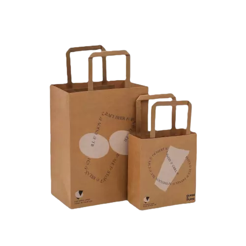 These printed kraft paper bags are crafted from high quality thick brown kraft paper with durable flat paper handles for stable carrying. Square bottom design allows the bags to stand firmly on flat surfaces. Elegant artistic graphic printing adds unique visual appeal for brand display. Blank versions and fully custom logo printing services are supported to match your store style. Eco friendly and recyclable, these bags work perfectly for cafes, bakeries, beverage shops, retail boutiques and gift packaging with wholesale orders available.