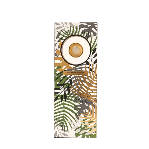 These premium cardboard packaging boxes are specially designed for reed diffuser fragrance goods. The top surface features exquisite tropical plant leaf printing paired with a round transparent viewing window, and the side panel adopts elegant gold toned paper finish. Multiple box shapes including upright long boxes and flat horizontal boxes are available. High quality thick paper provides sturdy outer protection, custom made prints, window sizes and box dimensions are supported, ideal for home aromatherapy diffuser packaging, scented gift sets and large quantity wholesale orders.