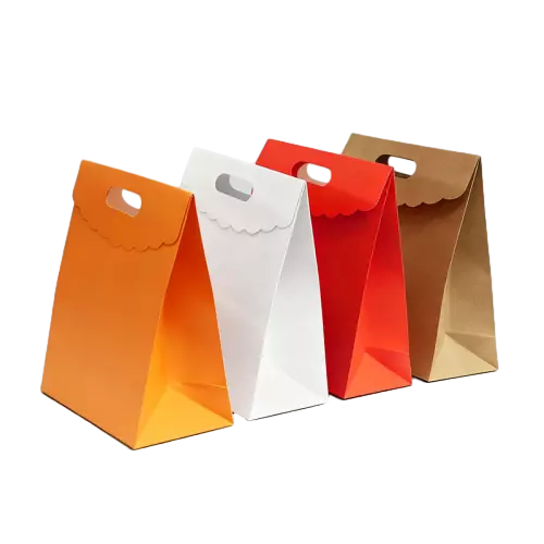 These solid color kraft paper bags feature elegant scalloped wave top edge and sturdy die cut carry handle. The folded sealing top keeps contents safe inside and the gusseted bottom allows each bag to stand upright. Available in multiple bright color selections to meet different event decoration needs. Custom logo printing service is supported for brand promotion. Made of thick food safe paper material, they are ideal for snacks cookies candies and small gifts for parties weddings and retail packaging. Wholesale bulk orders are welcomed.