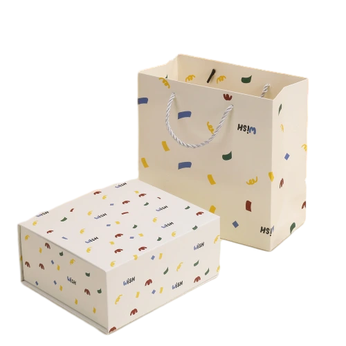 This playful gift box kit comes with a flip top custom rigid box and a matching rope handle paper tote bag, both decorated with lively multicolored confetti style prints and custom WISH letter printing. Made of thick sturdy paper material for anti deformation performance. You can fill the inner compartment with shredded paper filler, plush ornaments, perfume, snacks and assorted small size gifts. Custom printed surface patterns, brand logos and dimension adjustments are available, well suited for birthday surprises, party give aways, holiday gift giving and wholesale order customization.