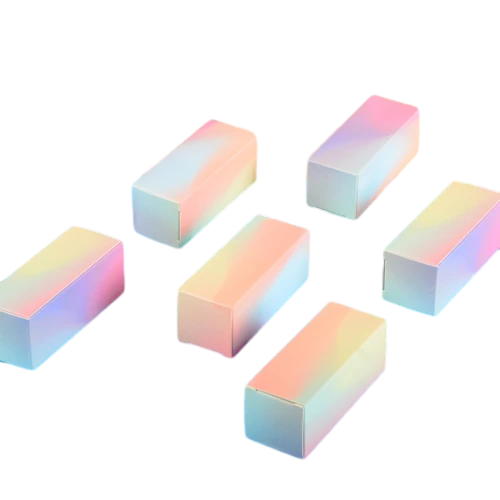 These fashionable long shaped cardboard boxes are covered with eye catching holographic rainbow gradient surface with shifting pastel colours under light. Constructed from durable foldable paper material, the compact rectangular size perfectly suits lipstick, perfume sample and mini sized beauty goods. Custom printed brand logos, personalised surface finishes and tailored dimensions are available. The shiny delicate appearance works well for cosmetic gift packing, retail sales and large scale wholesale orders.