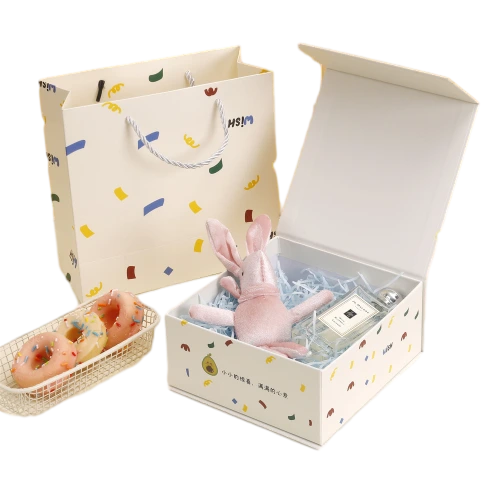 This playful gift box kit comes with a flip top custom rigid box and a matching rope handle paper tote bag, both decorated with lively multicolored confetti style prints and custom WISH letter printing. Made of thick sturdy paper material for anti deformation performance. You can fill the inner compartment with shredded paper filler, plush ornaments, perfume, snacks and assorted small size gifts. Custom printed surface patterns, brand logos and dimension adjustments are available, well suited for birthday surprises, party give aways, holiday gift giving and wholesale order customization.