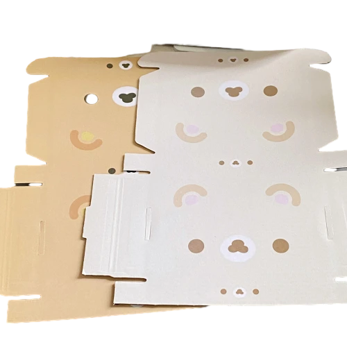 These lovely cartoon beartheme corrugated mailer boxes adopt soft beige and offwhite base matched with delicate rainbow and bearfaced prints. Flat unassembled cardboard sheets help cut down storage space and shipping expense. Some styles are designed with reserved air holes for breathable storage. The durable corrugated material delivers fine shockproof performance in transit. Custommade surface pattern and brand logo printing are supported, well suited for baby accessories small presents and dailyuse commodity wholesale packaging.
