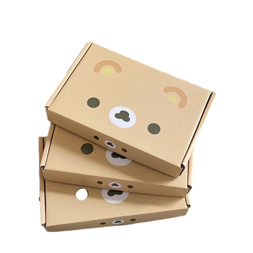 These lovely cartoon beartheme corrugated mailer boxes adopt soft beige and offwhite base matched with delicate rainbow and bearfaced prints. Flat unassembled cardboard sheets help cut down storage space and shipping expense. Some styles are designed with reserved air holes for breathable storage. The durable corrugated material delivers fine shockproof performance in transit. Custommade surface pattern and brand logo printing are supported, well suited for baby accessories small presents and dailyuse commodity wholesale packaging.