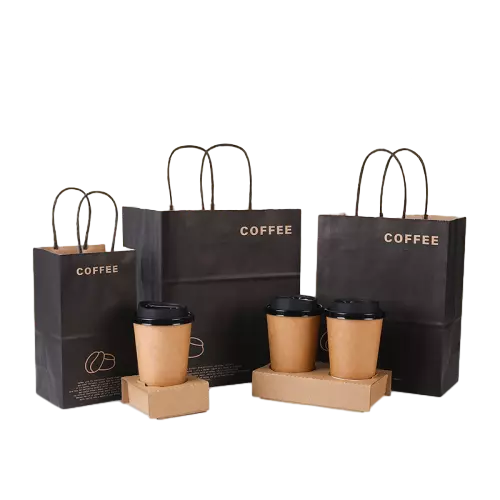 These premium coated art paper takeaway bags are finished in elegant dark brown color with simple coffee bean and text prints. Heavy duty twisted paper rope handles provide secure carrying for hot coffee drinks. Different bag sizes can hold single cup or double cups together with paper cup holders. The smooth coated surface supports your own custom logo printing for coffee shop brand promotion. Lightweight and durable, they are perfect takeaway packaging solutions for cafes coffee houses and beverage retail stores. Wholesale bulk orders are welcomed.