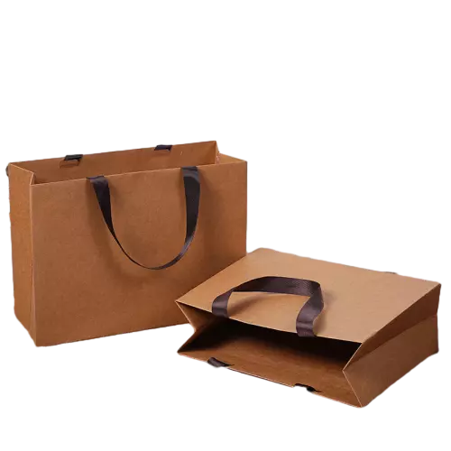These blank kraft paper bags are constructed from premium thick brown kraft paper fitted with elegant durable dark satin ribbon handles. Wide flat bottom structure keeps the bag open steadily and provides large loading space for garments cosmetics and assorted gifts. The smooth unmarked outer surface supports full custom logo and pattern printing to show your brand style. Eco friendly and reusable, they are excellent packaging choices for boutiques clothing shops and retail stores. Wholesale bulk orders are accepted.