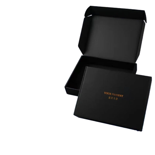 These elegant matte finished black corrugated mailer boxes deliver sleek and minimalist style appearance, supporting exquisite gold foil hot stamping for customized slogans and brand logos. The thickened rigid cardboard improves deformation resistance during long distance transportation. The fold over flap design enables quick assembly and flat pack storage to save warehouse space. You are allowed to customize surface prints, foil stamped patterns and box dimensions, which works great for cosmetics, small accessories, holiday presents and high end commodity wholesale packaging.