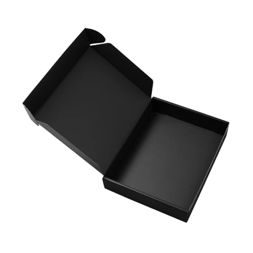 These elegant matte finished black corrugated mailer boxes deliver sleek and minimalist style appearance, supporting exquisite gold foil hot stamping for customized slogans and brand logos. The thickened rigid cardboard improves deformation resistance during long distance transportation. The fold over flap design enables quick assembly and flat pack storage to save warehouse space. You are allowed to customize surface prints, foil stamped patterns and box dimensions, which works great for cosmetics, small accessories, holiday presents and high end commodity wholesale packaging.