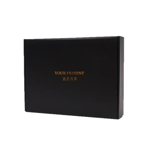 These elegant matte finished black corrugated mailer boxes deliver sleek and minimalist style appearance, supporting exquisite gold foil hot stamping for customized slogans and brand logos. The thickened rigid cardboard improves deformation resistance during long distance transportation. The fold over flap design enables quick assembly and flat pack storage to save warehouse space. You are allowed to customize surface prints, foil stamped patterns and box dimensions, which works great for cosmetics, small accessories, holiday presents and high end commodity wholesale packaging.