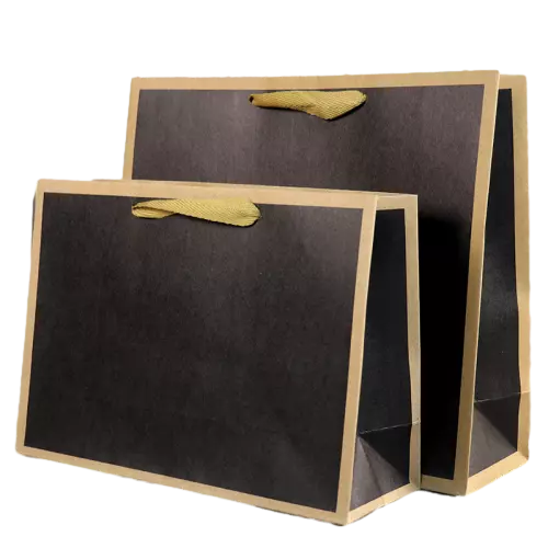 These stylish two tone kraft paper bags feature an elegant black main surface decorated with natural kraft paper border. Durable woven fabric handles provide comfortable lifting experience and strong load capacity. Flat gusseted bottom keeps bags standing stable for convenient packing. The blank black surface is perfect for custom logo printing to upgrade your brand image. These premium shopping bags fit well for clothing stores cosmetic shops gift boutiques and retail merchandise packaging. Large quantity wholesale service is available.