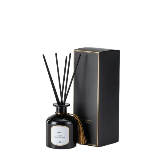 This sleek tall custom cardboard box is crafted from highquality thick coated paper with elegant matte black finish and thin gold border decoration. It is specially sized to perfectly house reed diffuser bottles and aromatherapy fragrance products. Custom hotstamped gold logos brand names and product slogans can be printed on the outer surface. You can freely adjust box height width background colors and decorative trim styles to match your fragrance series. The firm cardboard structure provides great protection for glass bottles against bumps and scratches during transportation and retail shelf display. It is a sophisticated luxury packaging choice for home fragrance suppliers and large volume wholesale orders.