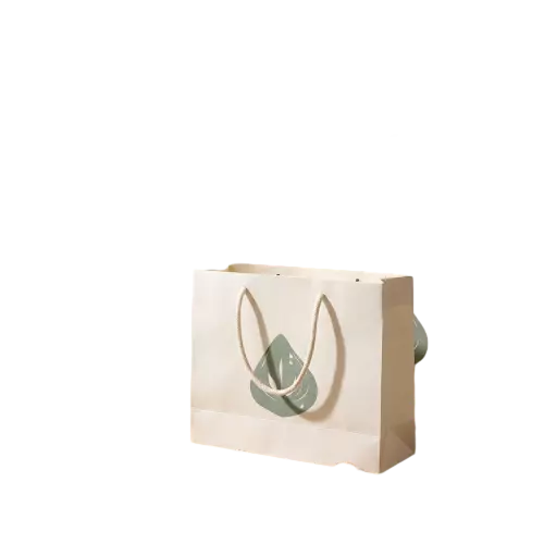 These eco inspired special craft paper bags feature soft cream beige paper surface decorated with fresh minimalist green leaf graphic. Natural twisted paper rope handles provide comfortable grip and reliable load bearing capacity. Thick high quality craft paper maintains stable shape when filled with items. Full custom printing service supports your unique logo icon and brand slogan to build natural green brand image. This clean style paper bag is well suited for tea skincare organic goods wellness products and small boutique gift packaging. Wholesale bulk orders are welcomed.