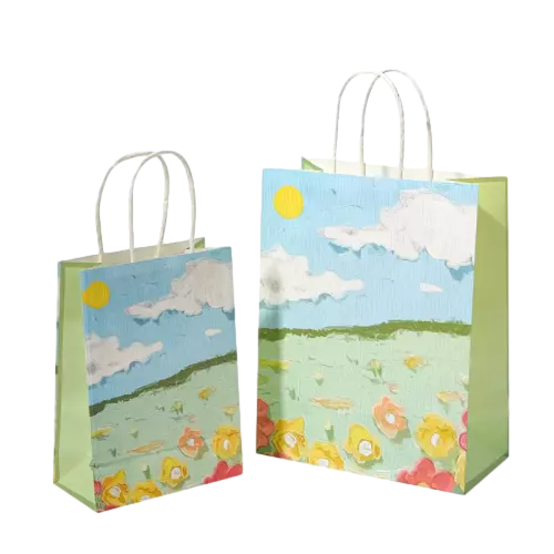These fresh artistic coated art paper bags feature a lovely oil painting pastoral landscape design with bright sun fluffy white clouds green meadow and colorful blooming flowers. Durable white twisted paper rope handles offer comfortable and stable carrying experience. Two available sizes meet different packaging demands for small gifts snacks cosmetics and boutique items. The smooth coated paper surface shows vivid bright printing colors. Custom logo and artwork printing service is supported for brand display. The warm natural style makes these bags great options for birthday gifts party favors and retail merchandise packaging. Wholesale bulk orders are welcomed.