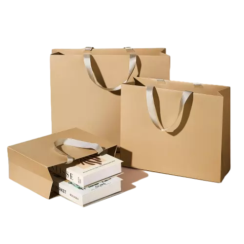 These elegant special craft paper bags are made with smooth khaki matte paper material and come in multiple practical sizes. Soft off white satin ribbon handles deliver comfortable touch and strong weight bearing capacity. The spacious horizontal structure can well hold clothing boxes books and various retail products. Thick premium paper keeps the bag upright without collapse after loading items. Blank outer surface supports custom logo slogan and pattern printing for brand promotion. These versatile paper bags are perfect for clothing stores cosmetic shops boutique shopping and business gift packaging. Wholesale bulk orders are welcomed.