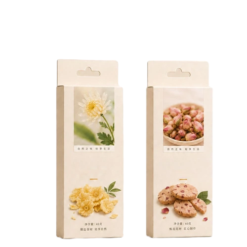 This tall vertical custom cardboard box is made of eco friendly beige kraft paper with natural matte texture. A hang hole on the top allows convenient hanging display in supermarkets and shops. High resolution food photos decorative plant graphics and net weight information can be printed on the outer surface. You are free to adjust box dimensions printed pictures and text content to hold flower biscuits dried herbs and other natural snacks. The sturdy cardboard material keeps inner food items well protected and clean during transportation and shelf display. It is a fresh naturestyle packaging solution for food suppliers and large volume wholesale orders.