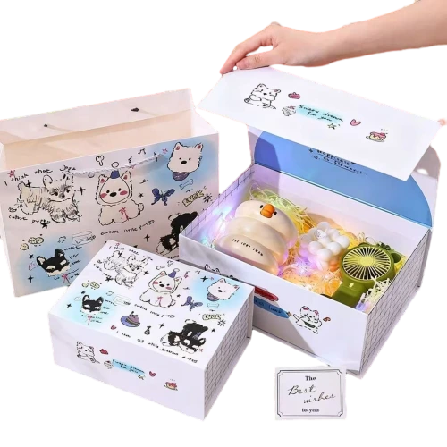 This fresh style custom rigid box is made of high quality thick hardboard with smooth printed paper cover. Delicate hand drawn puppy cartoons and lovely decorative elements are printed across the box surface. The inner lid can be printed with custom warm text to create a wonderful unboxing experience. It can be sold together with the matching printed paper gift bag as a complete packaging set. The large inner space can hold shredded filler small electronics plush ornaments greeting cards and various surprise gifts. You are free to adjust illustrations slogans and color schemes for birthday gifts festival presents and customer giveaway sets. Its sturdy rigid shell keeps contents safe during transportation and gift display. It is a lovely all in one packaging solution for gift shops and large volume wholesale orders.