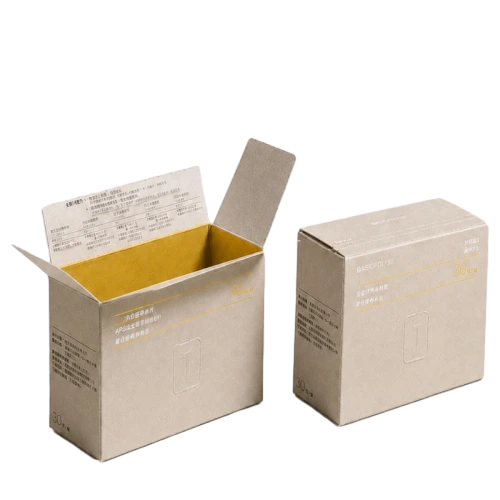 This square foldable custom cardboard box is made of premium beige kraft paper with natural matte texture. Bright yellow inner lining creates a premium contrast when the box is opened. Gold printed lines product text and subtle embossed marks decorate the outer surface. Detailed specifications and usage information can be printed on the inner flip lid. You can freely adjust box sizes lining colors printed content and logo designs to hold nutritional tablets health powder sachets and other wellness goods. Sturdy cardboard construction keeps inner supplements safe and dry during long distance shipping and pharmacy shelf display. It is a simple high grade packaging solution for health product suppliers and large volume wholesale orders.