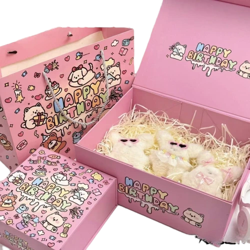 This sweet pink custom rigid box is manufactured from heavy duty hardboard with smooth matte pink outer wrapping. Cheerful birthday themed cartoon animals and colorful happy birthday lettering are printed on the exterior and inner lid. Hidden magnetic closure delivers easy opening and secure locking. The spacious inner cavity fits shredded paper filler plush toys cosmetics snacks and assorted birthday favors. A fully matching printed paper handbag can be supplied to form a complete gift packaging kit. You can freely replace illustrations slogans and color schemes to suit birthday parties anniversary celebrations and holiday giveaways. Its tough rigid shell offers reliable protection for your gifts during transit and festive display. It is an attractive premium packaging solution for gift retailers and large volume wholesale orders.