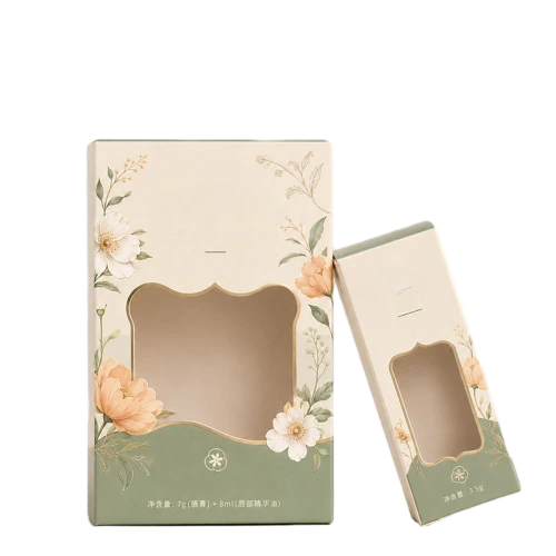 This set of multi size custom cardboard boxes is crafted from smooth high grade paper with soft matte finish. A special irregular shaped cutout window allows customers to view the items stored inside. Delicate watercolor flower and leaf illustrations decorate the outer surface with fresh beige and green color matching. Net weight labels brand logos and product descriptions can be printed on the bottom section. You are able to adjust box dimensions window shapes and printed artwork to fit lip balms essential oils and small cosmetic kits. Solid cardboard material provides reliable outer protection for beauty goods during transportation and retail shelf display. It is a warm natural style packaging solution for cosmetic suppliers and large volume wholesale orders.