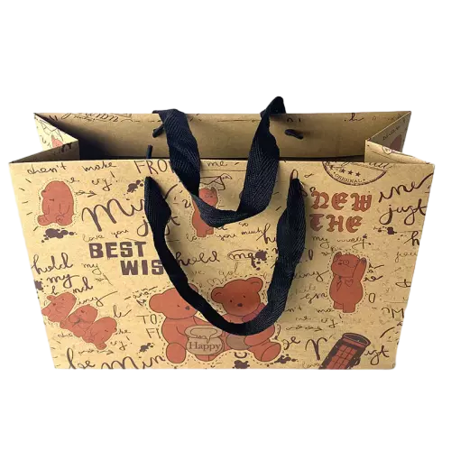 These warm vintage special craft paper bags are crafted from natural kraft paper with lovely cartoon bear and handwritten letter prints covering the surface. Durable wide black fabric ribbon handles deliver comfortable carrying experience and strong load bearing performance. Spacious horizontal shape can hold candies toys snacks and other surprise gifts. Thick kraft paper material keeps the bag well shaped for repeated use. You can print your exclusive logo slogan and decorative patterns on the paper surface. This charming gift bag is perfect for birthday parties baby showers holiday giveaways and kid related gift delivery. Wholesale bulk orders are welcomed.