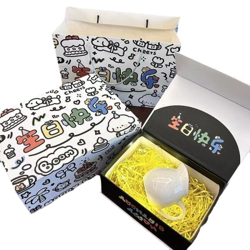 Custom Rigid Box - White Magnetic Flip open Gift Box Hand Drawn Doodle Puppy Birthday Print Matching Paper Tote Bag Hamper Packaging Wholesale