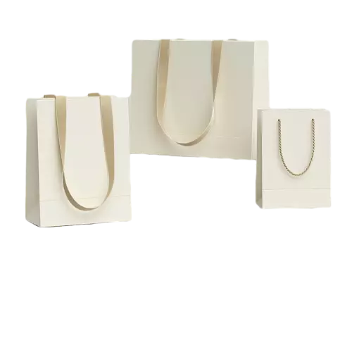 These elegant blank special craft paper bags are made of smooth cream white matte paper and supplied in multiple practical sizes. Two different handle styles are available including soft champagne fabric ribbon and delicate metal chain. The upright vertical structure provides stable storage space for jewelry cosmetics and other premium goods. Thick high grade paper keeps the bag firm and upright without collapse. The blank clean surface supports full custom printing of your logo brand name and decorative patterns. These versatile gift bags are ideal packaging solutions for boutique shops luxury retail stores and high end gift delivery. Wholesale bulk orders are welcomed.
