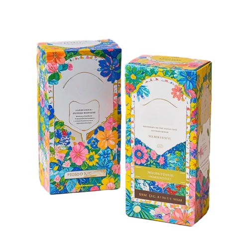 This tall rectangular custom cardboard box is made of highquality coated paper with bright vivid printing effect. Lush watercolor garden flowers surround an elegant hollow window area for brand information display. Golden foil trim enhances the luxurious visual appeal of the outer package. Fullcolor custom patterns brand logos and product text can be printed on all sides. You can adjust box dimensions window shapes and artwork designs to hold toner bottles serums perfumes and other cosmetic items. Thick foldable cardboard provides stable protection during longdistance transportation and boutique shelf display. It is a gorgeous artistic packaging choice for beauty brand suppliers and large volume wholesale orders.