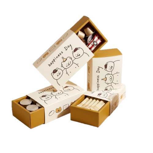 This sliding drawer custom cardboard box adopts a lovely two tone design with cream outer sleeve and warm yellow inner base. The outer surface is printed with hand drawn cartoon bear illustrations and warm happiness themed text. The smooth pull out drawer structure makes it easy to place and take out candies cookies small snacks and party gifts. You can fully customize box sizes cartoon patterns slogans and colors to match holiday giveaways birthday favors and retail food gifts. Sturdy thick cardboard keeps inner items well protected during transport and gift shelf display. It is a sweet playful packaging solution for food suppliers and large volume wholesale orders.