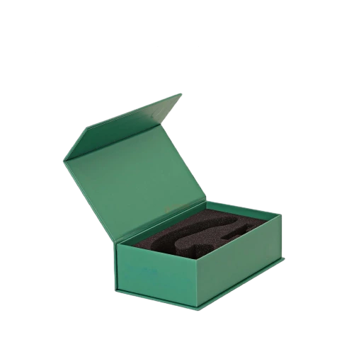 This sleek matte green custom rigid box is made of thick heavy duty hardboard with smooth solidcolor outer finish. The interior is fitted with precision cut black foam insert that perfectly holds and secures your products in place. Hidden magnetic flip lid delivers easy opening and firm secure closure. Brand logos can be printed hot stamped or embossed on the outer cover. Custom foam cutouts inner depths and outer box colors are fully available to match hardware gadgets small electronics and premium retail goods. Its strong rigid shell prevents scratches shocks and damage during transit and retail shelf display. It is a functional premium packaging solution for brand suppliers and large volume wholesale orders.