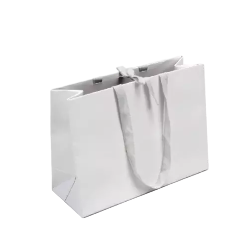 These premium blank glossy paper bags are made of coated art paper with smooth shiny white finish. Soft wide white fabric ribbon handles provide comfortable carrying experience and strong load bearing capacity. The spacious horizontal design offers enough inner space for garments cosmetics and other retail products. Thick paper construction ensures good rigidity so the bag can stay upright steadily. The clean blank glossy surface is perfect for custom logo printing brand slogan and decorative artwork. These elegant blank tote bags are excellent packaging solutions for clothing stores beauty shops and high end gift delivery. Wholesale bulk orders are welcomed.