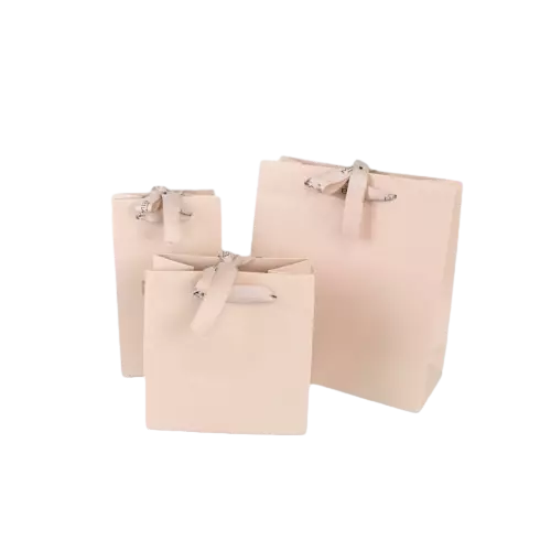 These minimalist blank paper gift bags are manufactured from premium matte cream beige paper with smooth plain surface. Elegant printed satin ribbon handles provide soft comfortable grip and strong weight bearing capacity. Three complete sizes are offered to satisfy diverse packaging needs for jewelry cosmetics clothing and small presents. Thick high quality paper keeps each bag upright and maintains stable shape during use. The clean blank exterior allows you to print unique logo brand information and decorative patterns according to your requirements. These neutral tone gift bags are ideal packaging options for boutique shops brand retail and general occasion gift delivery. Wholesale bulk orders are welcomed.