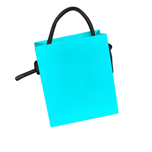 These compact blank gift paper bags are made of thick high quality paper with eye catching bright cyan solid color finish. Durable braided black nylon rope handle offers firm support and comfortable grip. Built in side drawstring closure allows you to tighten the bag opening to secure small items inside. The compact vertical structure is perfectly sized to hold jewelry earrings perfume samples candy and other tiny gifts. The smooth blank outer surface supports custom printed logo brand name and decorative patterns. These stylish small tote bags work well for boutique retail party favors and premium mini gift packaging. Wholesale bulk orders are welcomed.
