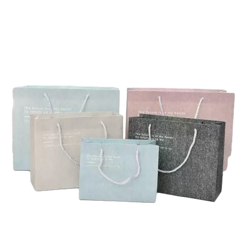 These textured gift paper bags feature unique linen grain surface with soft multi pastel color selections. Elegant white twisted paper rope handles provide comfortable carrying experience and reliable load bearing capacity. Multiple sizes are available to satisfy various packaging needs for clothing cosmetics accessories and daily gifts. Thick premium paper maintains good rigidity and keeps the bag upright steadily. You can replace the original printed words with custom logo brand slogan and exclusive artwork. These stylish multi color paper bags are suitable for boutique shops retail stores birthday favors and general gift giving occasions. Wholesale bulk orders are welcomed.