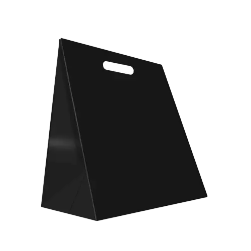These unique triangle shaped paper gift bags are made of thick matte black paper with stable self standing structure. Integrated die cut hole handle removes extra rope or ribbon and provides simple convenient carrying experience. The special triangular profile brings fresh visual effect for flower bouquets baked goods snacks and small surprise gifts. The smooth blank outer surface supports custom printed logo brand slogan and decorative artwork. These novel black tote bags work well for flower shops bakery stores and creative retail gift packaging. Wholesale bulk orders are welcomed.
