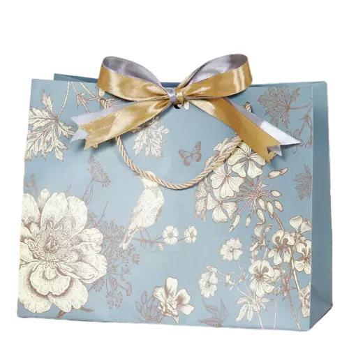 These vintage style gift paper bags are crafted from thick durable paper printed with delicate floral bird and butterfly patterns on soft dusty blue background. Strong golden twisted paper rope handles bring comfortable carrying experience and reliable load bearing capacity. Exquisite two tone satin bow decoration greatly enhances the elegant festive atmosphere. The smooth bag surface supports full custom printing of unique logo brand slogan and decorative artwork. This beautifully designed bag fits well for birthday gifts wedding favors anniversary surprises and boutique retail goods. These artistic tote bags are ideal packaging options for gift shops florist stores and various celebration occasions. Wholesale bulk orders are welcomed.
