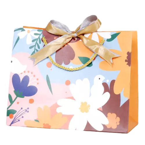 These fresh lively gift paper bags are made of thick durable paper printed with bright abstract flowers and lovely white bird illustrations. Strong golden twisted paper rope handles deliver comfortable carrying experience and stable load bearing performance. Beautiful two tone satin bow decoration adds warm festive atmosphere for gift giving. The smooth bag surface supports full custom printing of unique logo brand slogan and decorative artwork. This colorful bag is suitable for birthday gifts party favors baby shower surprises and boutique retail products. These cheerful artistic tote bags are wonderful packaging selections for gift shops party stores and all kinds of celebration occasions. Wholesale bulk orders are welcomed.