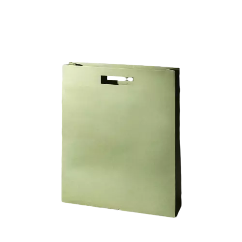 These minimalist blank paper gift bags are made of thick high quality paper with smooth matte light green finish. Integrated die cut hole handle provides firm support and convenient carrying experience without extra rope accessories. The completely blank flat surface allows full freedom for custom printed logo brand name slogan and artwork. Spacious vertical interior can hold clothing books gifts and a wide range of retail items. These simple practical tote bags are excellent packaging options for clothing shops bookstores and daily retail business. Wholesale bulk orders are welcomed.