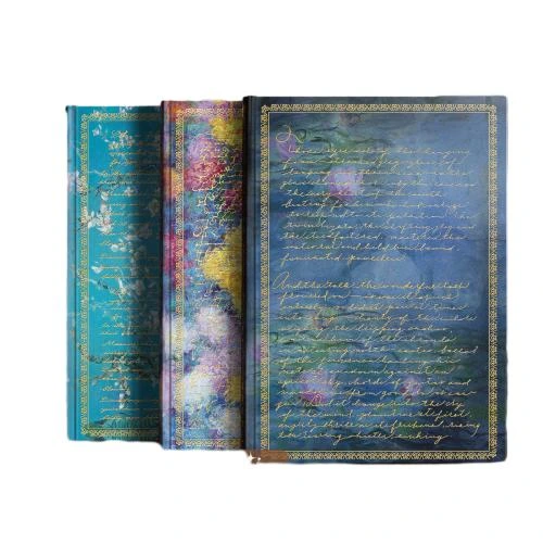 This compact A6 hard cover pocket notebook belongs to vintage art themed stationery series. The hard shell adopts exquisite golden foil border craft, paired with oil painting style cover prints including sunset scenery, water lily and flower motifs. It uses premium 100 gram whole wood fountain dover lined paper with 192 writing pages. The decorative full print book spine enhances retro texture. Small sized portable design suits daily notes, travel journals and art style souvenir supplies, with customized logo service for bulk order purchasers.