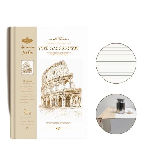 These vintage hardcover notebooks feature exquisite hand drawn architectural illustrations of world famous landmarks like the Eiffel Tower and Colosseum, presenting an elegant European retro literary style. Fitted with thick lined inner pages that deliver smooth writing experience and effectively prevent ink bleedthrough, paired with a built in ribbon bookmark for quick page locating. The sturdy hardcover binding fully protects inner pages from wear during daily carry and travel. Ideal for travel journaling, daily recording and student note taking, they are perfect creative stationery gifts for boutique retail and bulk wholesale procurement.