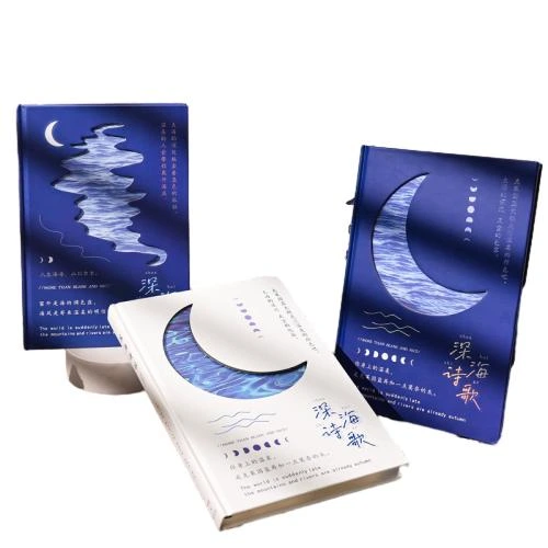 These artistic hardcover notebooks feature exquisite hollow out covers with deep sea moon wave patterns, presenting a unique poetic literary aesthetic with classic blue and white color options. Made with thick premium inner paper that guarantees smooth ink flow and prevents bleedthrough, they are perfectly suited for daily journaling, creative writing, class note taking and office work recording. The delicate artistic design makes them an ideal creative stationery gift for literature lovers, students and office staff, fitting well for personal use, boutique retail and bulk wholesale procurement.