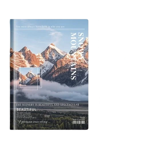These premium softcover notebooks are equipped with fashionable snowy mountain landscape magazine style printed covers with inspirational quote decoration. Adopted sturdy sew on stitch binding, the notebook can lay flat for comfortable writing. Available with blank or lined thick ink proof inner pages, the bendable lightweight soft cover shell is convenient for outdoor carry around during travelling. Custom logo hot stamping and personalized cover printing service are supported. Suitable for travel journals, daily memos, reading notes and student stationery, available for bulk wholesale.