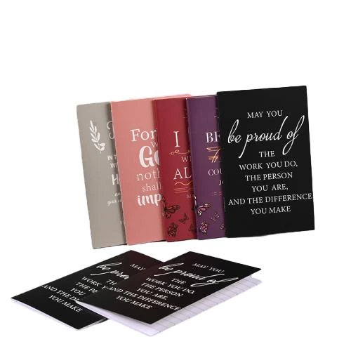 These motivational softcover notebooks come in assorted muted tone covers printed with elegant cursive inspirational quotes, bible verses and delicate butterfly decorations. Reliable sew on stitch binding allows the notebook to lie flat for comfortable writing. The smooth lined inner pages are made of thick ink proof paper to avoid ink smudging. Custom cover printing and logo hot stamping service is supported. Perfect for daily note taking, spiritual journals, office use and thoughtful giveaway gifts, available for large scale bulk wholesale.