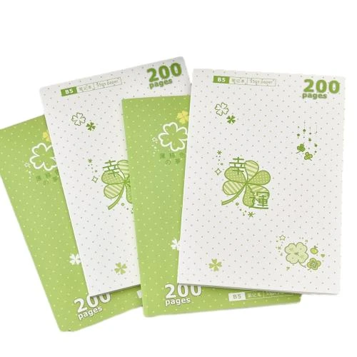 These B5 soft cover notebooks contain 200 premium writing friendly pages. Two classic cover styles consist of green polka dot and off white polka dot surface, decorated with delicate four leaf clover lucky motif artwork. Sew on stitch binding lets the notebook lay fully flat while writing, avoiding page curling. The fresh style appearance fits school coursework recording, everyday diary keeping, office memos and souvenir gifts. Custom cover printing, pattern modification and brand logo imprinting are acceptable for bulk wholesale orders.