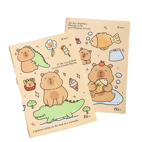 These adorable softcover notebooks adopt eco friendly soft paper covers printed with varied lovely kawaii capybara cartoon illustrations. It applies durable sewn in stitching binding for flat open writing. Premium thick lined inner pages prevent ink bleed and deliver smooth handwriting experience. Multiple distinctive cartoon cover options are available. Compact lightweight build makes it suitable for school coursework, daily note taking and pocket carrying. Custom printed logo and pattern service is supported. Ideal for student stationery, cute souvenir gifts and large volume wholesale orders.