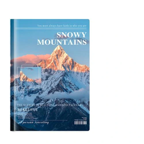 These premium softcover notebooks are equipped with fashionable snowy mountain landscape magazine style printed covers with inspirational quote decoration. Adopted sturdy sew on stitch binding, the notebook can lay flat for comfortable writing. Available with blank or lined thick ink proof inner pages, the bendable lightweight soft cover shell is convenient for outdoor carry around during travelling. Custom logo hot stamping and personalized cover printing service are supported. Suitable for travel journals, daily memos, reading notes and student stationery, available for bulk wholesale.