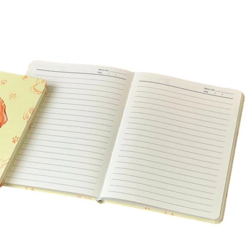 These lovely softcover notebooks adopt delicate water color puppy printed covers decorated with dog paw prints, hearts and bone patterns. Built in durable sew on stitch binding enables the notebook to lie fully flat when writing. The cream colored lined inner pages come with date and memo entry area, delivering smooth writing performance and ink proof property. Custom made cover printing, brand logo hot stamping service are supported. This adorable pet style notebook fits for daily diary keeping, school notes, travel logs and gift giving, suitable for stationery bulk wholesale orders.