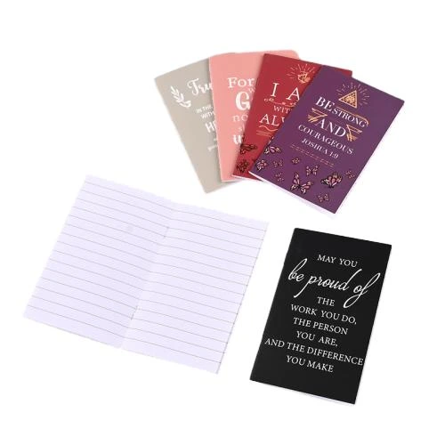 These motivational softcover notebooks come in assorted muted tone covers printed with elegant cursive inspirational quotes, bible verses and delicate butterfly decorations. Reliable sew on stitch binding allows the notebook to lie flat for comfortable writing. The smooth lined inner pages are made of thick ink proof paper to avoid ink smudging. Custom cover printing and logo hot stamping service is supported. Perfect for daily note taking, spiritual journals, office use and thoughtful giveaway gifts, available for large scale bulk wholesale.