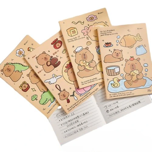 These adorable softcover notebooks adopt eco friendly soft paper covers printed with varied lovely kawaii capybara cartoon illustrations. It applies durable sewn in stitching binding for flat open writing. Premium thick lined inner pages prevent ink bleed and deliver smooth handwriting experience. Multiple distinctive cartoon cover options are available. Compact lightweight build makes it suitable for school coursework, daily note taking and pocket carrying. Custom printed logo and pattern service is supported. Ideal for student stationery, cute souvenir gifts and large volume wholesale orders.